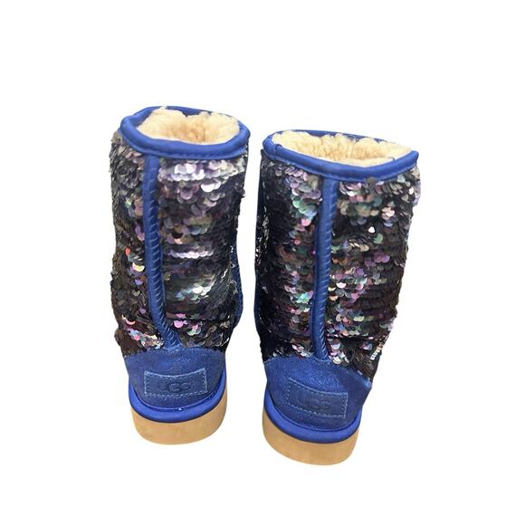 UGG Australia Classic Sheepskin Navy Tonal Sparkly Flip Sequin Short Boots Sz 6 - Picture 5 of 10
